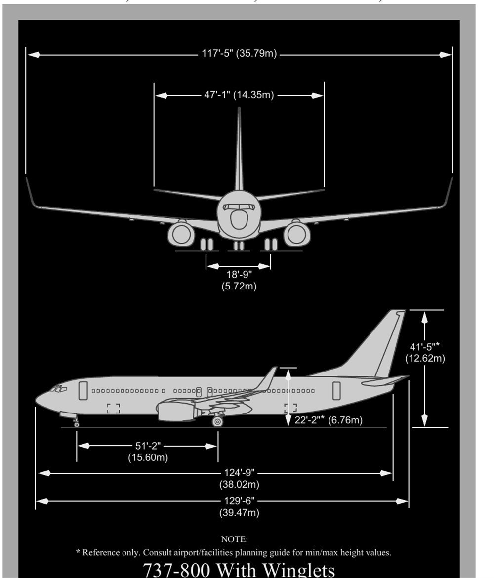 737-800 With Winglets dimension diagram, showing front and side views with length, wingspan and height